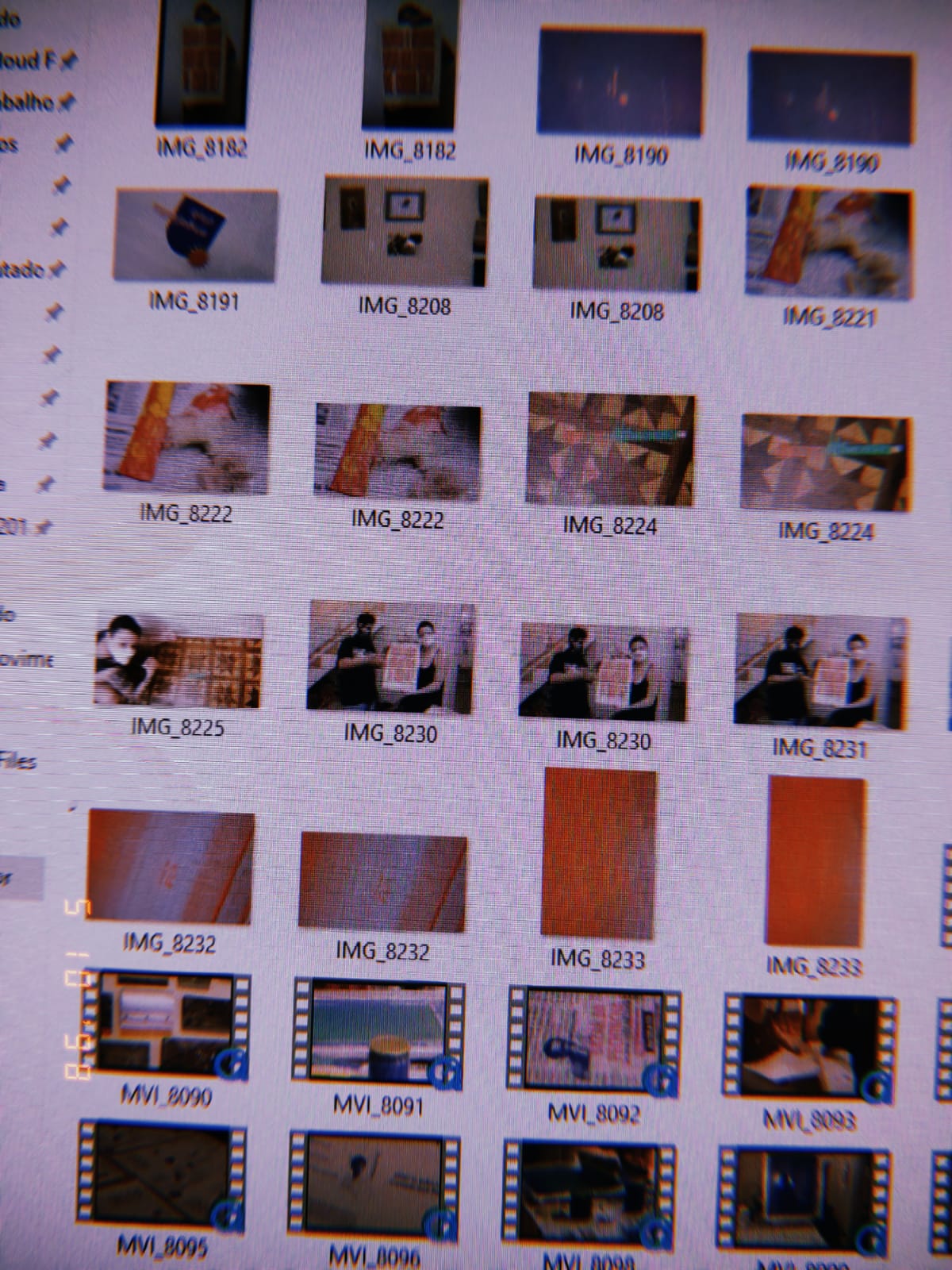 uma foto da pasta no pc onde baixei as filmagens, não dá pra entender direito o que tem, são várias miniaturas meio difíceis de distinguir
