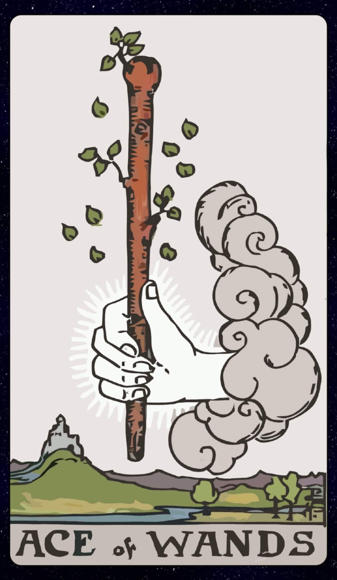 um print da tela do app galaxy tarot mostrando a carta Ace of Wands, que é uma mão saindo de uma coisa parecida com uma nuvem, um vento ou algo assim, segurando uma varinha 