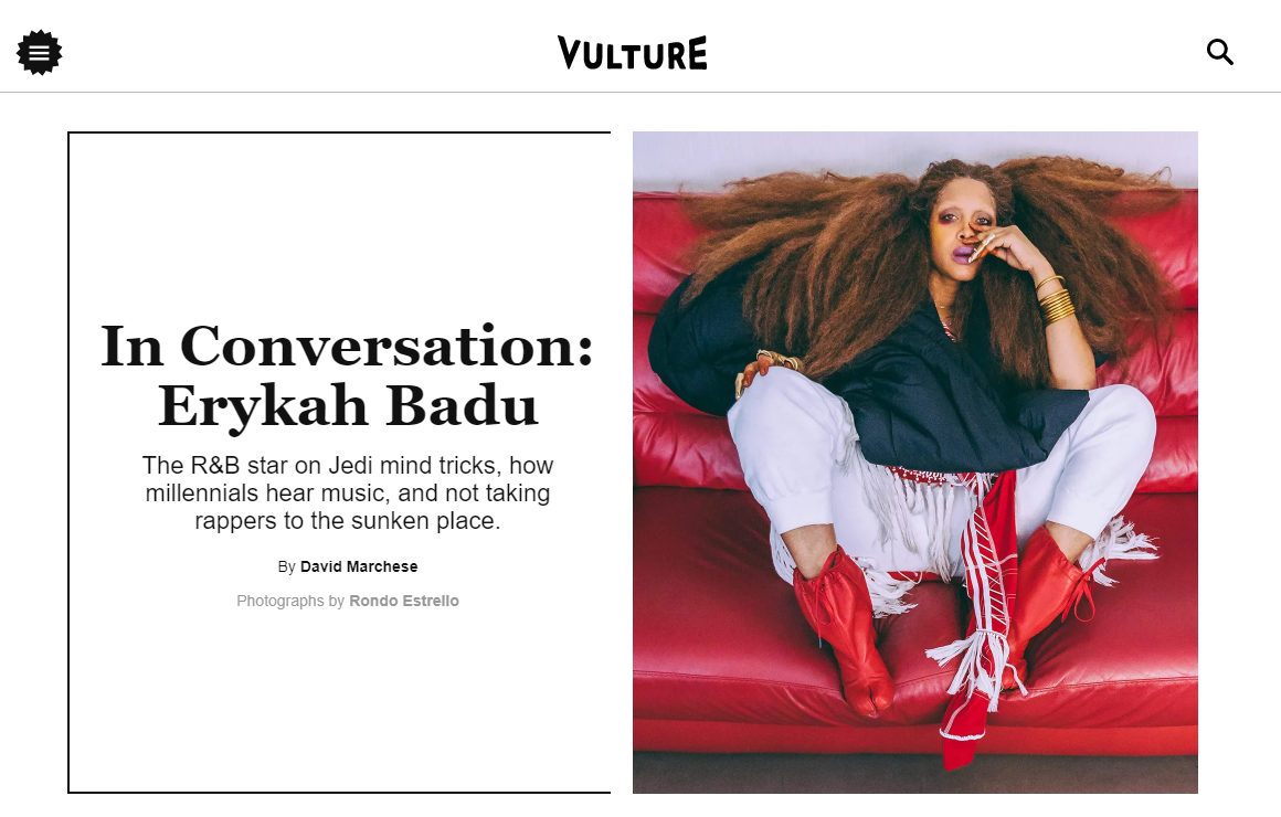 screenshot matéria de revista Vulture em entrevista com Erikah Badu